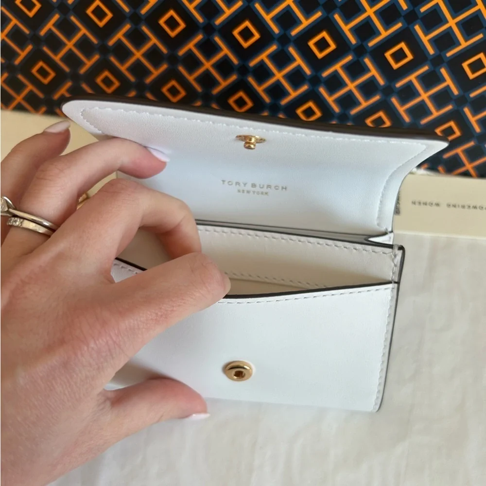 Tory Burch Emerson Soft Colorblock Flap Card Case Wallet Optic White Moose